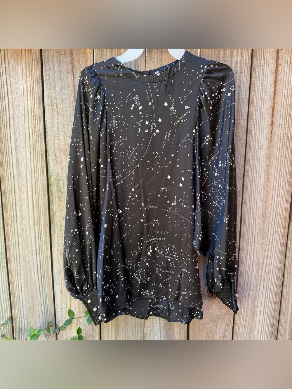 NWOT/Zara black satin constellation and horoscope printed blouse/L Pearls detail